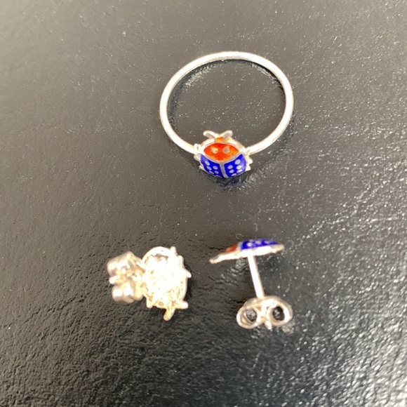 Cute sterling lady bug earring and ring set - Picture 2 of 6